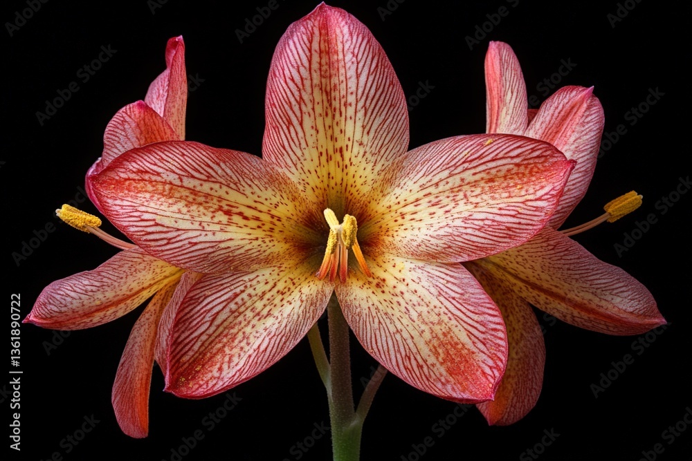 Poster beautiful red and yellow flower with intricate patterns captured against a black background in brill