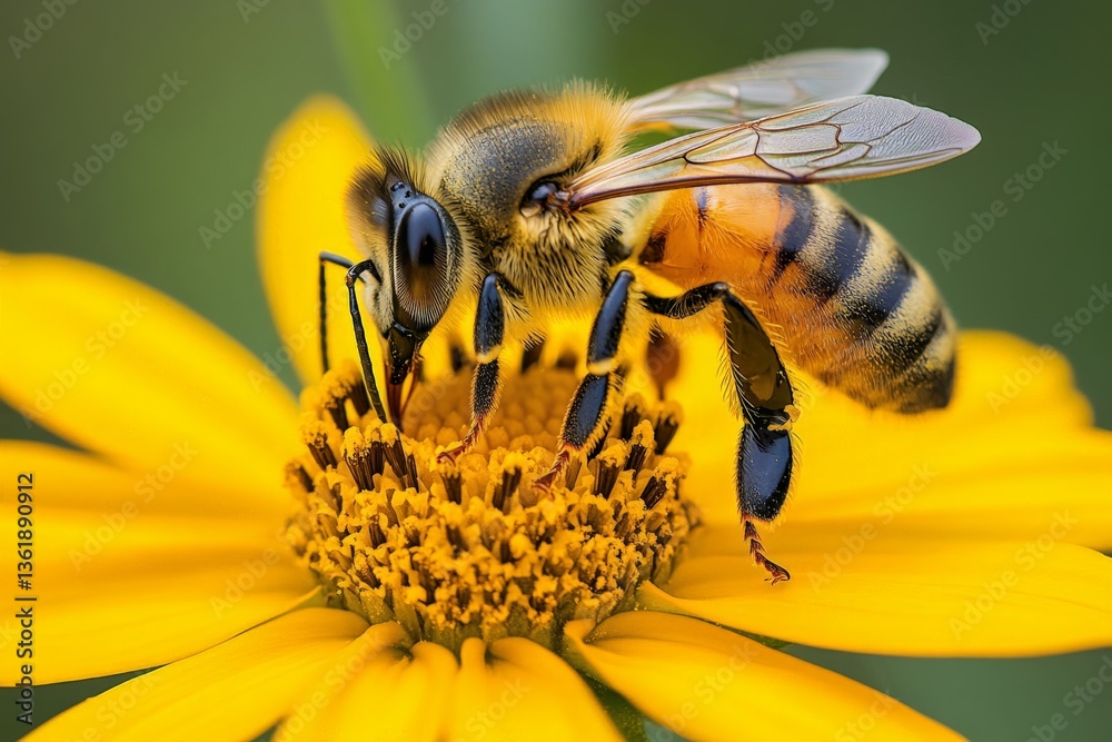 Poster close-up of a bee collecting nectar from a vibrant yellow flower in a natural garden setting during 