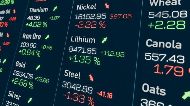 Close up trading screen commodities, brent crude oil, iron ore, gold, oats, wool, live cattle, sugar price. Investment, futures contract, market data, commodity exchange. 3D animation