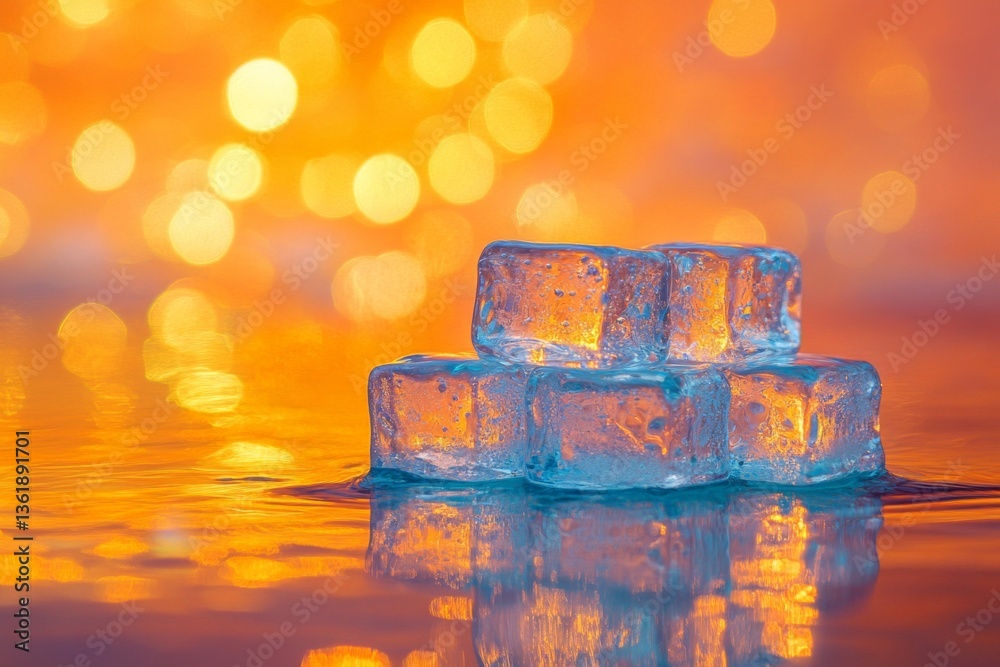 Poster Ice cubes stacked on a reflective surface with warm bokeh background during sunset