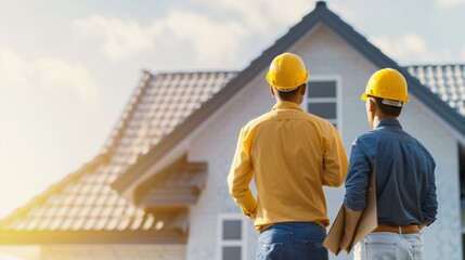 Homeowner discussing roof repair options with a contractor, inspection process, professional home maintenance consultation, sharp and detailed textures, realistic lighting