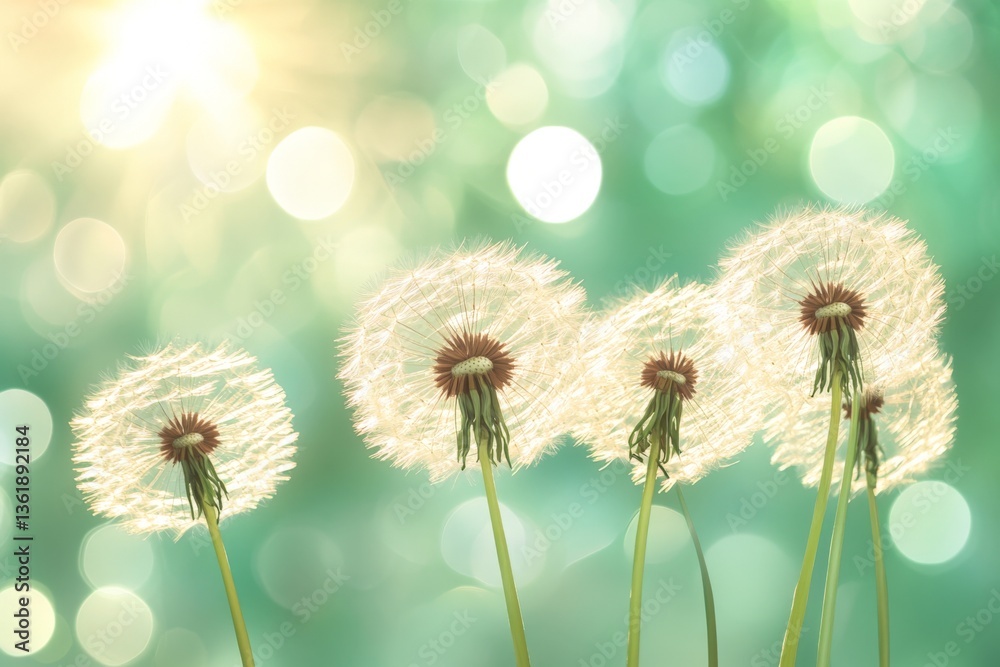 Poster Dandelions sway gently in the sunlight with a beautiful bokeh backdrop in a garden setting