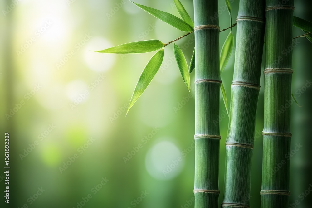 Aufkleber lush green bamboo stalks illuminated by soft sunlight in a serene forest setting