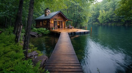 Fototapeta premium Lakeside cabin on a wooden dock