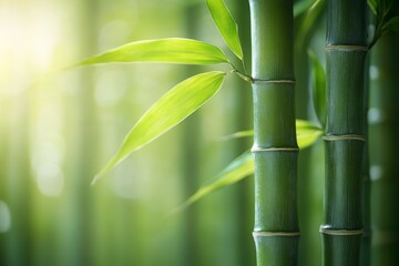 Obraz premium Bamboo stalks thrive in a serene grove filled with sunlight and lush greenery, highlighting nature's beauty and resilience