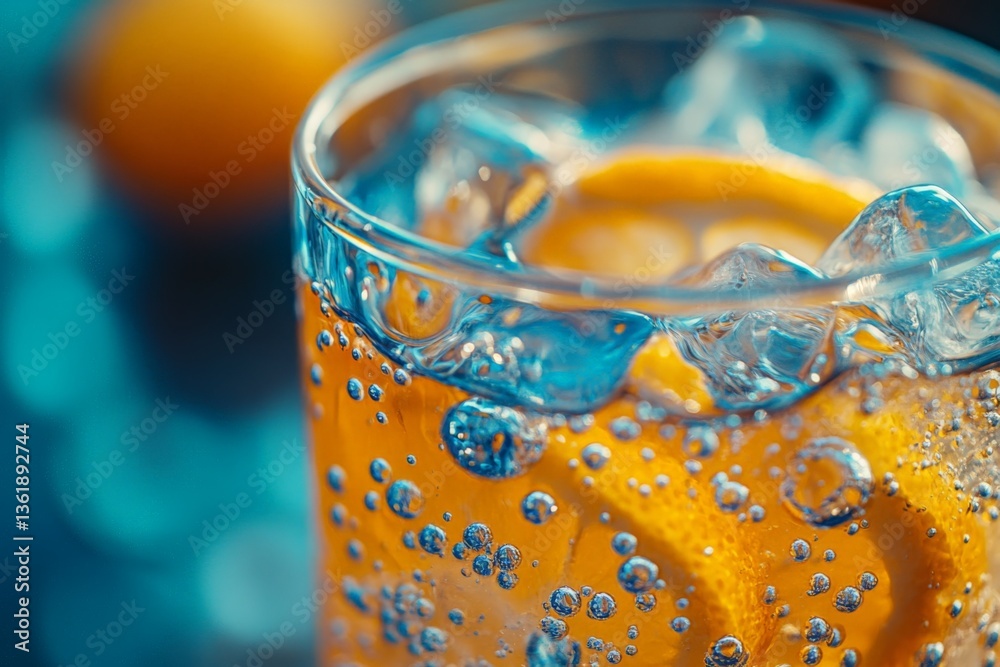 Poster Refreshing citrus drink with bubbles served in a clear glass on a summer day
