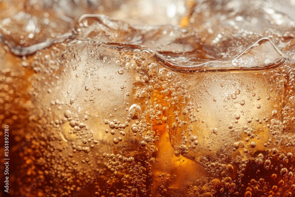 Poster sparkling beverage in a glass with ice cubes on a warm day at a relaxed cafe setting