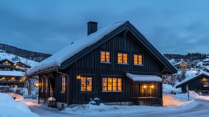 Cozy black wooden cabin in snowy landscape at dusk with glowing windows