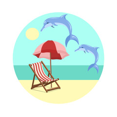The emblem of the sea beach is a chaise longue, a sun umbrella and dolphins jumping on the background of the sea.Vector landscape for summer designs.