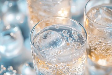 Refreshing sparkling beverages served in clear glasses with ice and bubbles at a summer gathering in a bright setting