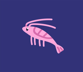 Cute shrimp swimming underwater. Prawn profile, marine aquatic animal in tropical sea, ocean, under water. Exotic undersea little fauna with antennae, legs. Kids childish flat vector illustration