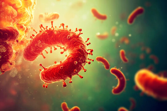 A highly detailed macro shot of a virus and bacteria interacting at a microscopic level, showcasing their unique structures. The biological organisms appear in vibrant colors