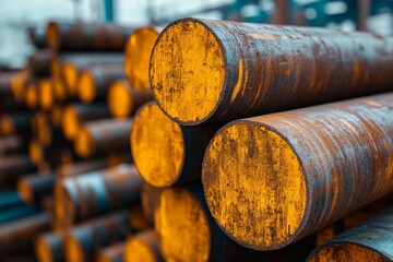 Industrial steel bars stack in a warehouse reflecting bright orange light during afternoon hours