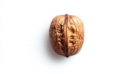 Single walnut, top view, isolated on white background, food photography, healthy snack