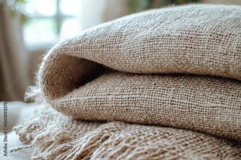 Poster cozy linen blankets stacked softly on a warm, inviting sofa by a sunlit window