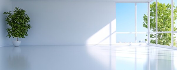 Bright and Minimalist Interior Space with Large Windows and Greenery