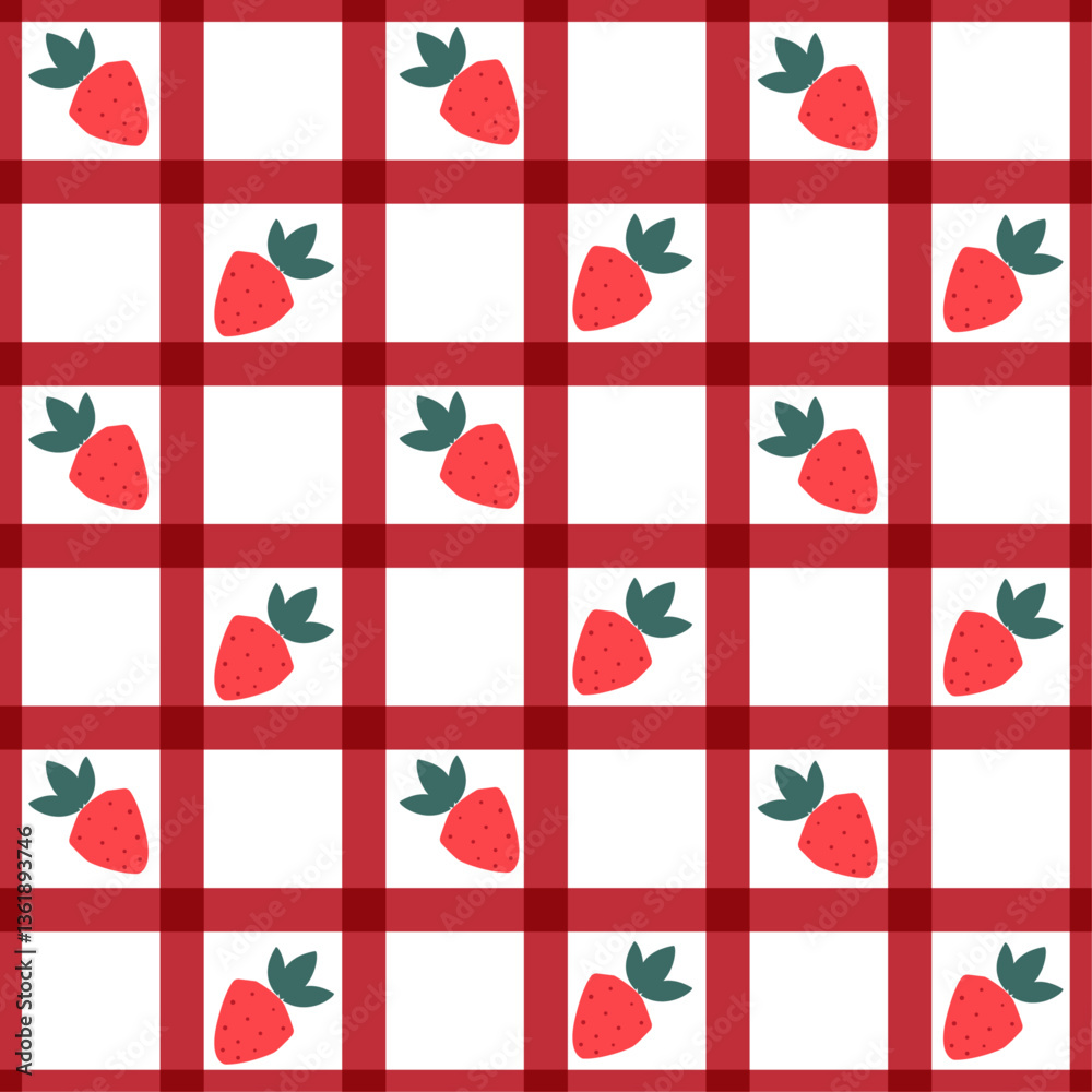Poster strawberry simple pattern. picnic or kitchen tablecloth with strawberries in cells.