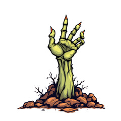 Zombie hand emerging from grave reaching upwards