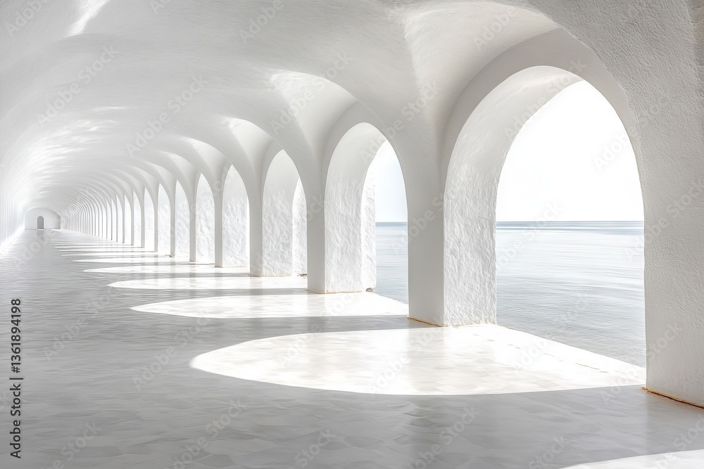 Poster arched corridor with white walls and ocean view at daytime in a serene coastal location