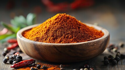 a wooden bowl filled with vibrant cajun spices rests on a wooden surface the finely ground spice mix emphasizes its aromatic,delicious nature with a mix of red orange,brown tones