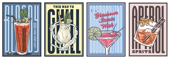 Cocktail set of retro, vintage poster with manhattan, pina colada, negroni, bloody mary for design of surfing, tiki or beach bar menu. Alcohol cocktails for drink party, summer vibes