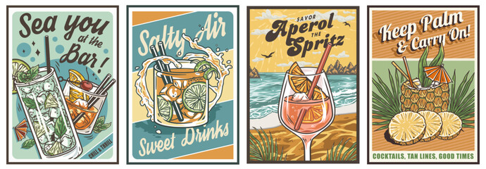 Cocktail set of retro, vintage poster with pina colada, mojito, negroni, aperol spritz for design of surfing, tiki or beach bar menu. Alcohol cocktails for drink party, summer vibes