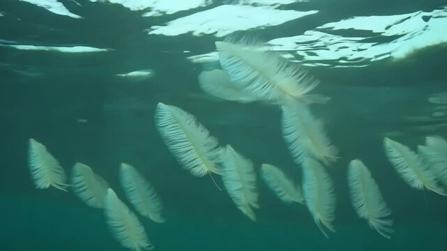 A group of white feathers floating in the water. The water is clear and blue