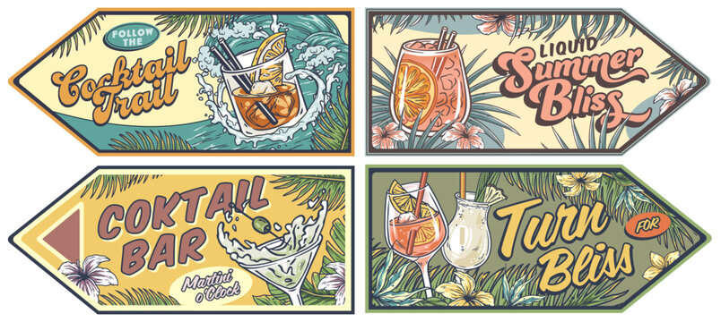 Martini cocktail on vintage poster or retro sign with pina colada, negroni, old fashioned for design of surfing, tiki, beach bar menu. Aperol spritz alcohol cocktail set for drink party, summer vibes