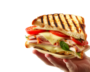 Hand holding Grilled Turkey and Cheese panini sandwich on crusty bread isolated on white transparent background