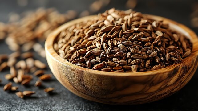 a wooden bowl filled with whole cumin seeds known as kimyon tane in turkish these aromatic seeds are commonly used in culinary dishes for their warm earthy flavor,numerous health benefits