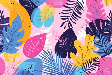 Obraz premium Colorful tropical leaf pattern on a pink background creating a vibrant and lively atmosphere