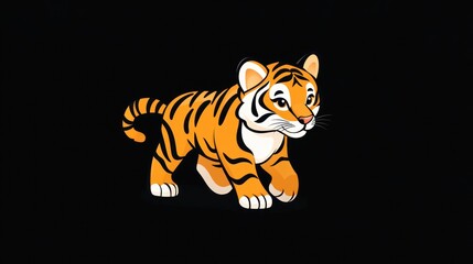 Fototapeta premium Cute tiger cub walking on black background. Possible use Children's book illustration