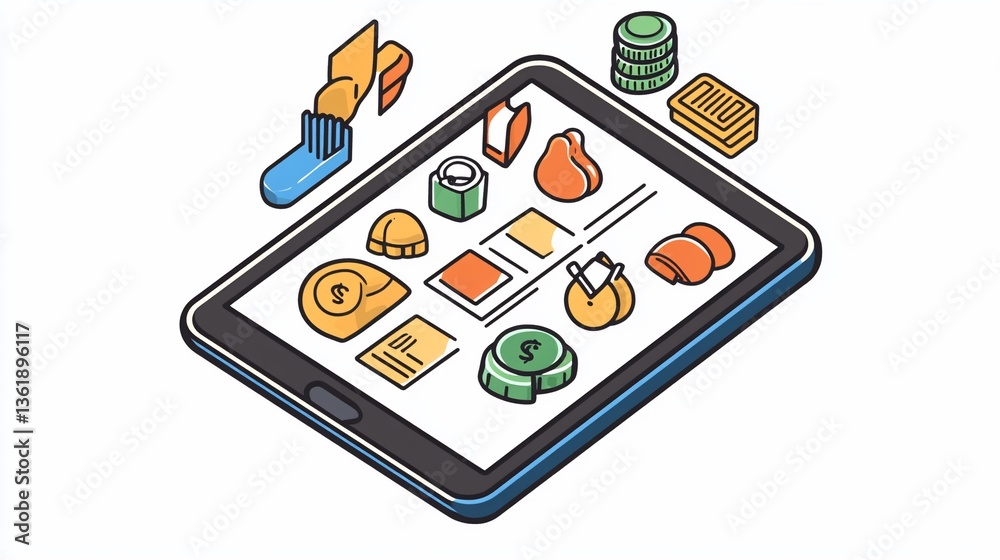 Wall mural isometric illustration displaying a tablet interface with application icons