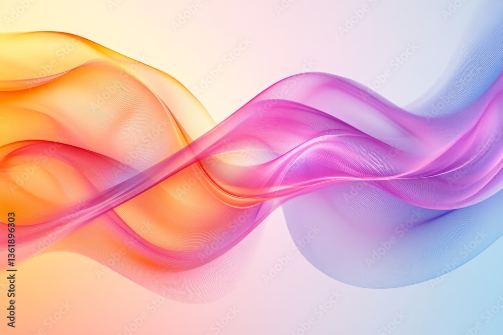 Poster Colorful flowing waves create a dynamic abstract design with vibrant hues in a soft gradient at sunset