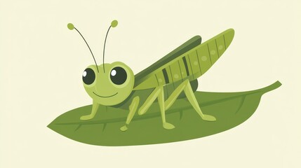 Cartoon grasshopper on leaf, child's book illustration