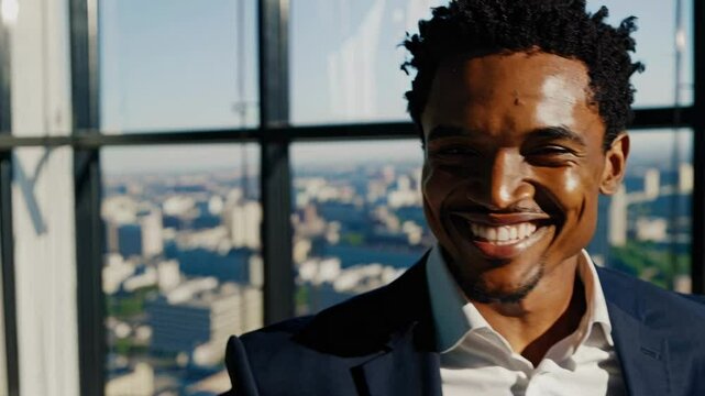 A candid video still of a smiling man in a suit, captured from a low angle with a cityscape view through large windows in the background.