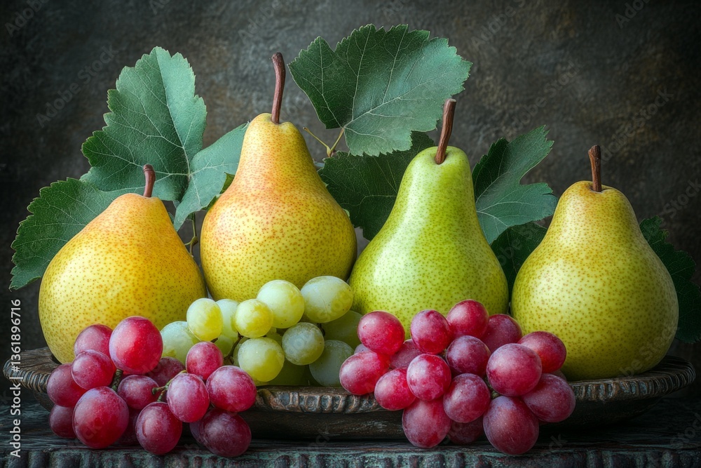 Poster colorful assortment of pears and grapes arranged on a decorative platter against a textured backdrop