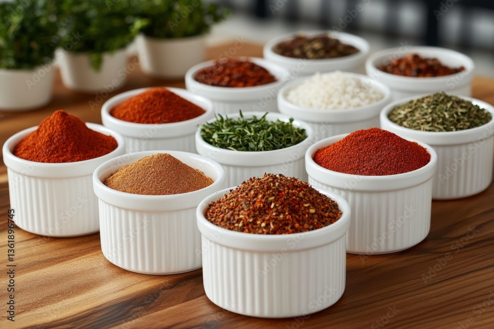 Poster colorful spices arranged in bowls on a wooden table creating a vibrant cooking atmosphere