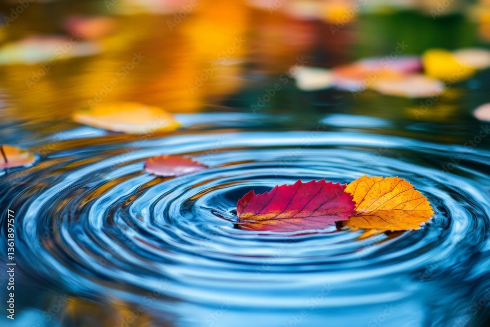 Aufkleber colorful autumn leaves floating on water creating ripples in a tranquil pond during a sunny afternoo