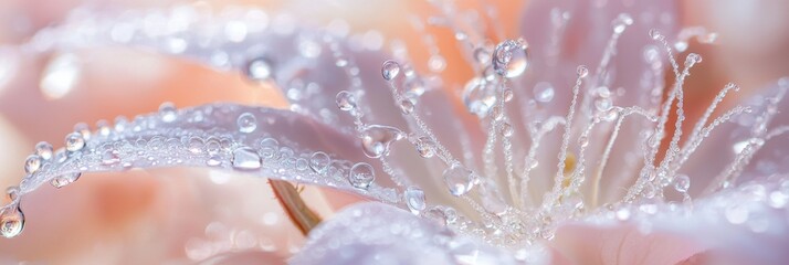 Close-up of a delicate flower petal covered in water droplets, showcasing soft pastel colors and a tranquil atmosphere. The image features a soft focus and a shallow depth of field