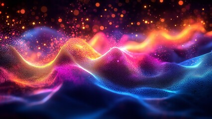 Obraz premium Surreal colorful soundwave visualization over water with glowing particles and light effects