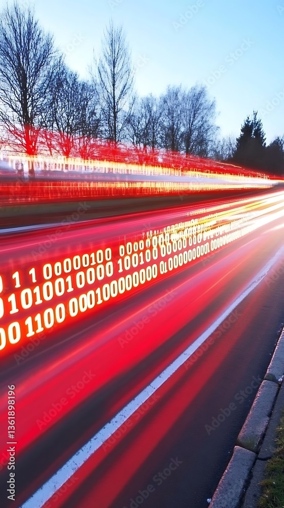 Poster abstract red light trails with binary code overlays convey data transmission
