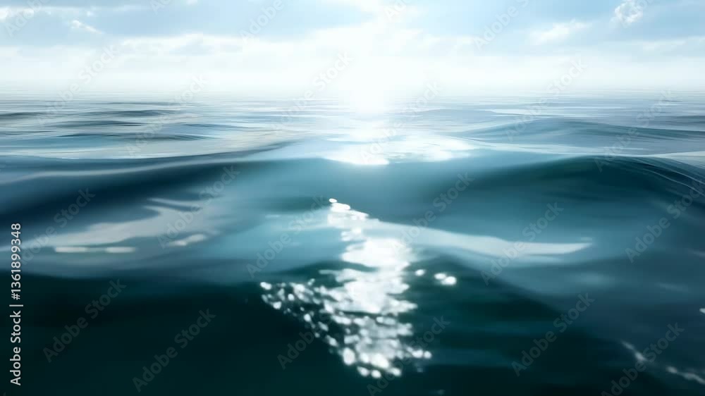 Poster the ocean is a deep blue color and the sun is shining brightly on it. the sun's rays are reflecting 