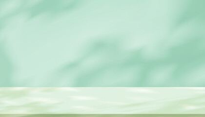 Green Background,Shadow leave and blurred gradient light on studio wall room and podium stage for cosmetic product presentation,Summer or Spring banner green pastel with abstract sunlight on floor © Anchalee