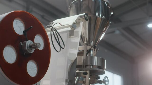 Close-up handheld zoom out shot of industrially operating coffee package labelling machine at roasting plant