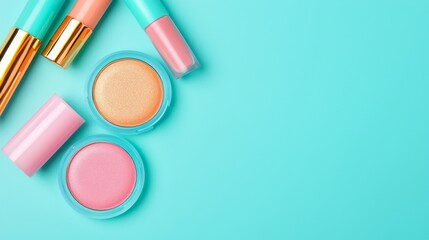Peach Pink Cosmetics on Teal Background Flatlay