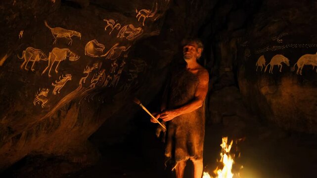 Ancient Cave Art: Depiction of Wildlife and Early Human Culture in a Dark Cave
