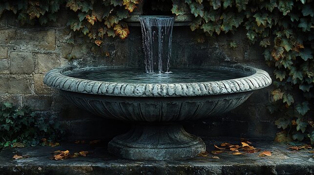 an old stone fountain with water cascading down against a dark overgrown wall of dry vines the image evokes a sense of history,quiet solitude enhanced by its muted tones,rustic charm