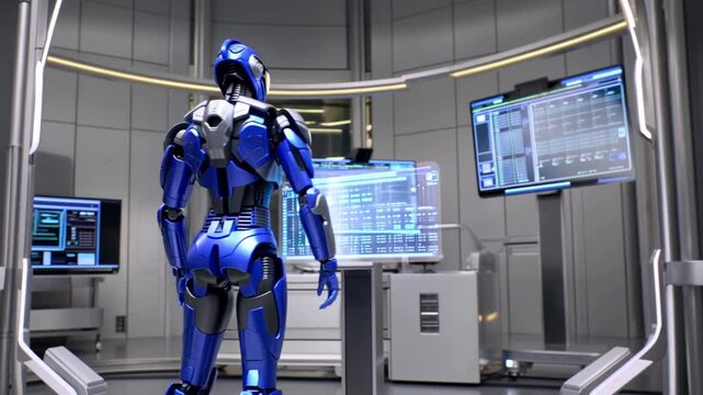 A humanoid AI robot standing in a high-tech laboratory, digital patterns, , endless analysis, futuristic mind