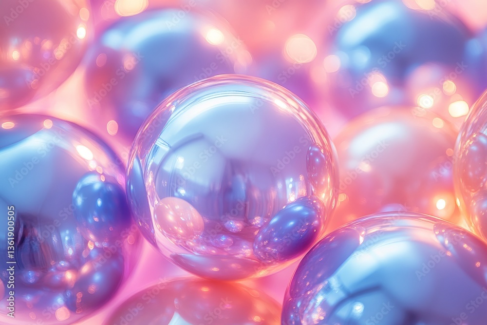 Poster colorful reflective spheres arranged artistically in soft pastel lighting creating a dreamy atmosphe